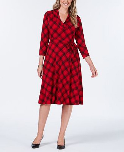 Charter Club Plaid V-Neck Midi Dress (3/4 Sleeve)