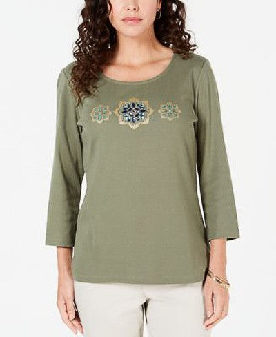 Karen Scott Sport 3/4-Sleeve Minnie Stripe Scoop-Neck Top