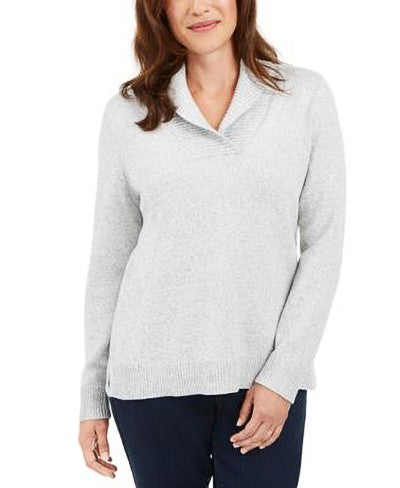 KAREN SCOTT Womens Gray Cotton Marled Shawl-Collar Sweater