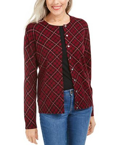 KAREN SCOTT Karen Scott Plaid Button Cardigan