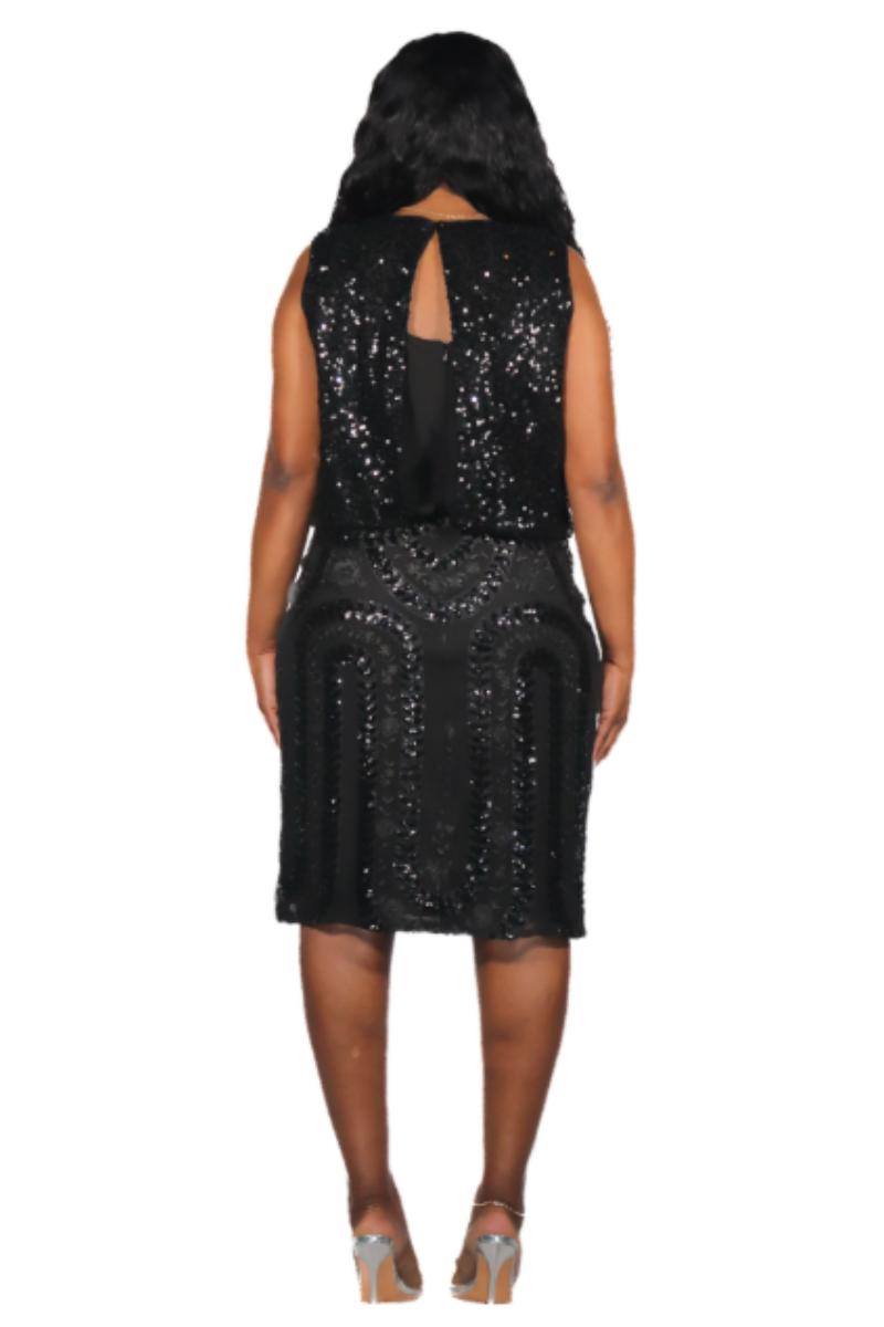 R&M Richards Sequin Embroidered Blouson Cocktail Dress – Black (NWT)