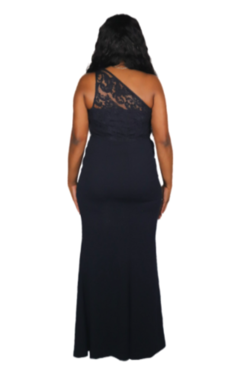 Adrianna Papell One-Shoulder Midnight Blue Lace Gown