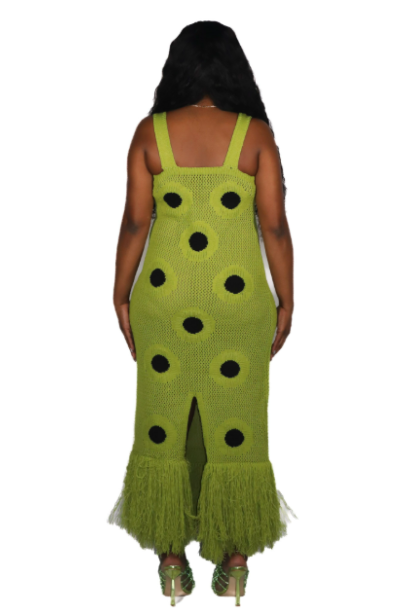 Women’s Knitted Midi Dress with Dot and Fringe Detail