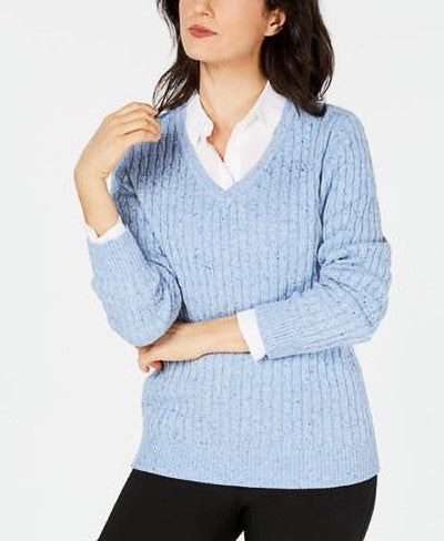 KAREN SCOTT Cable-Knit V-Neck Sweater