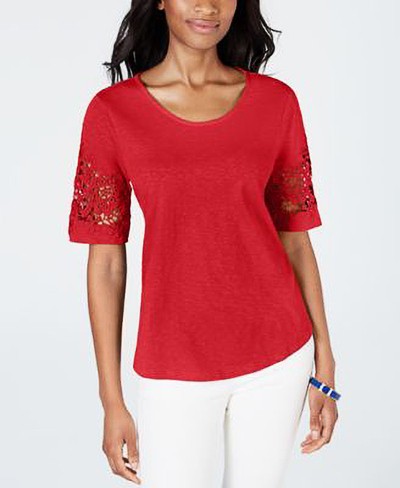 CHARTER CLUB-MMG KNT SS LACE TRIM TOP