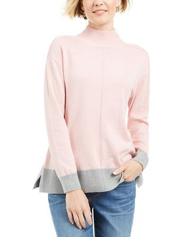 KAREN SCOTT Erin Cotton Color blocked Mock-Neck Sweater