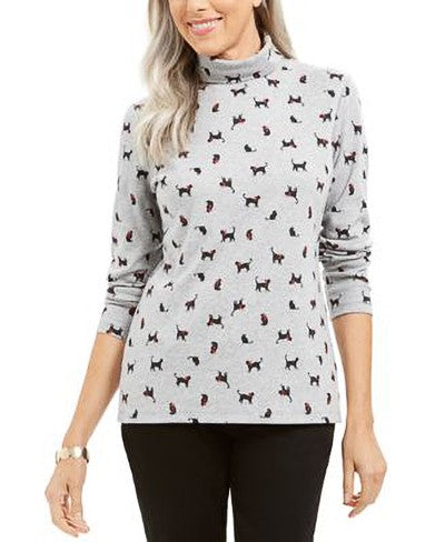 KAREN SCOTT Cat & Bow Printed Turtleneck Top