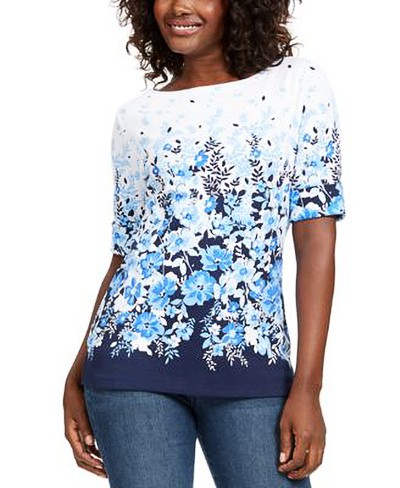 KAREN SCOTT Women's XL Black with a burst of blue floral fly boat