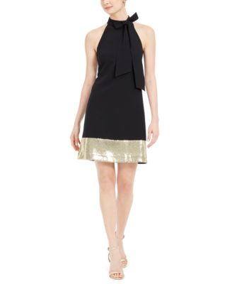 VINCE CAMUTO Tie-Neck Glitter-Hem Shift Dress