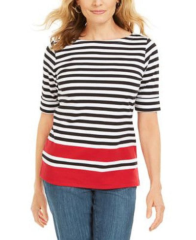 KAREN SCOTT Women's Elbow Sleeve Boatneck Stripe Knit Top