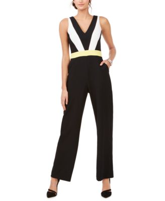 VINCE CAMUTO Women's V Neck Color blocked Jumpsuit Black