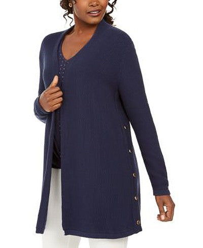 JM Collections Women L Cardigan Mixed Knit Open Front Blue Motto Sides W Buttons