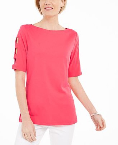 KAREN SCOTT Petite Elbow Cutout Sleeve Boat-Neck Top