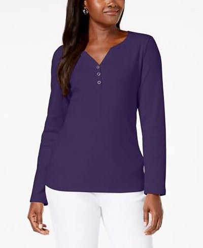 KAREN SCOTT Cotton Henley V Neck Top Purple Heather