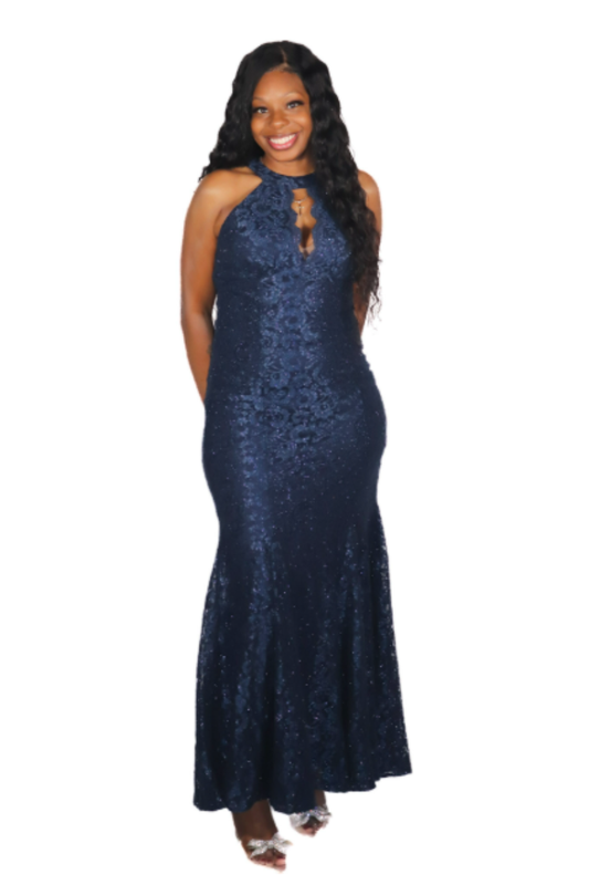 R & M Richards Lace Keyhole-Cutout Evening Gown