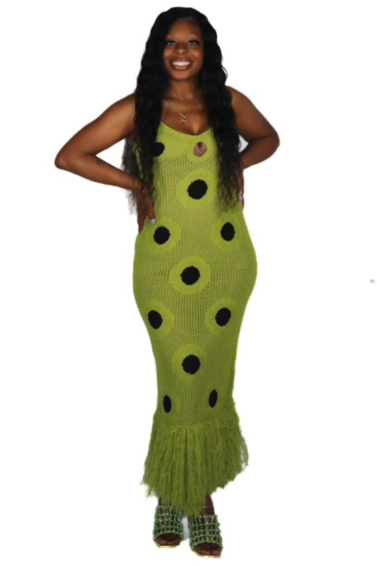 Women’s Knitted Midi Dress with Dot and Fringe Detail