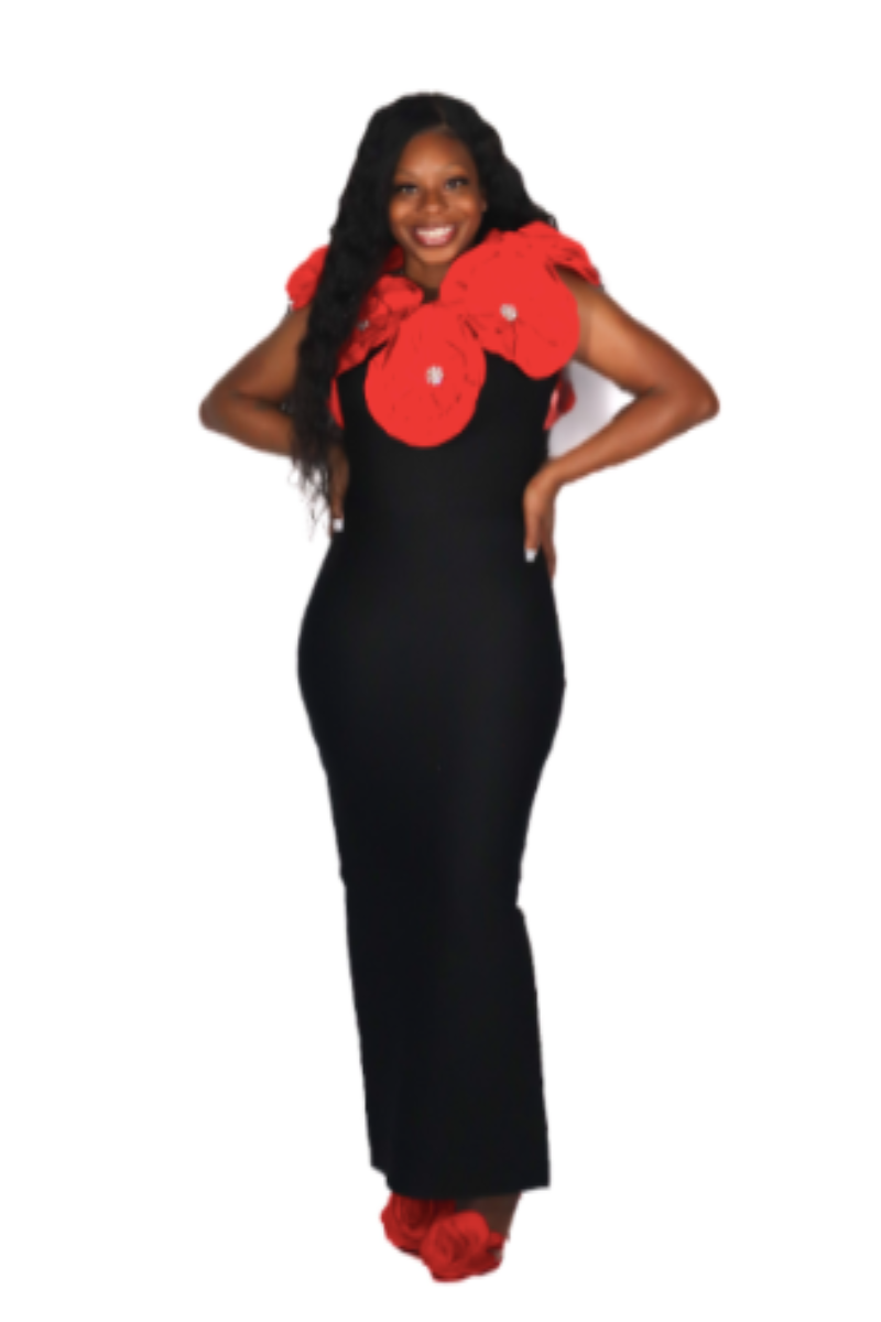 Off-Shoulder Floral Bandage Dress in Red