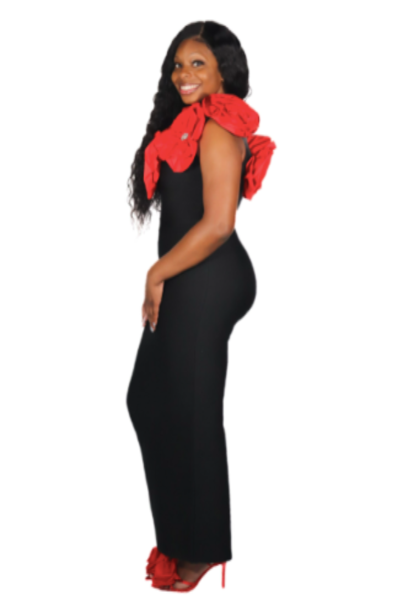 Off-Shoulder Floral Bandage Dress in Red
